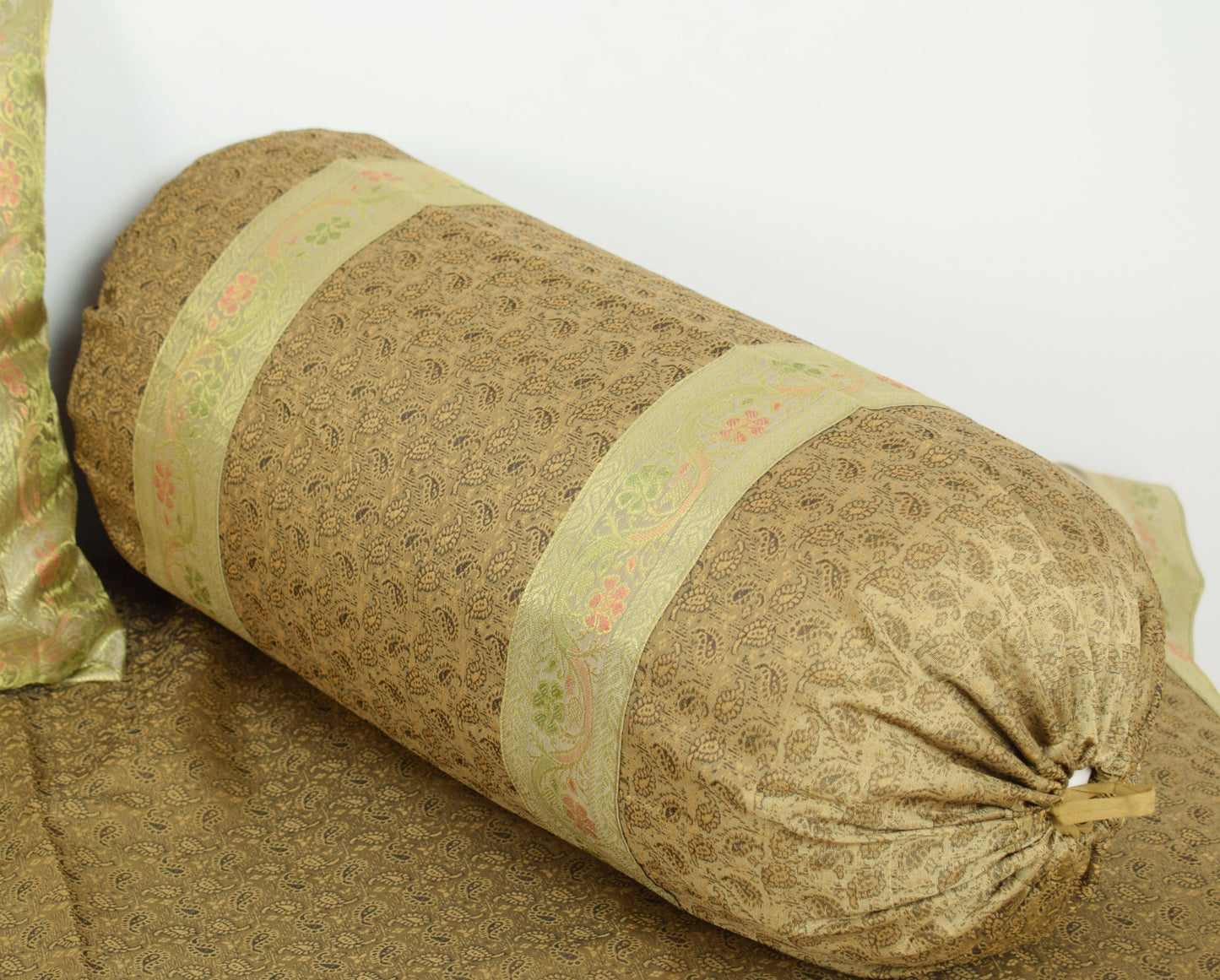 Rich Brown Banarasi Diwan Set – Silk Woven Zari Brocade Cushion & Bolster Cover