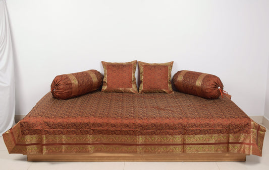 Banarasi Ethnic Diwan Set Brown Silk Woven Zari Brocade Cushion & Bolster Cover