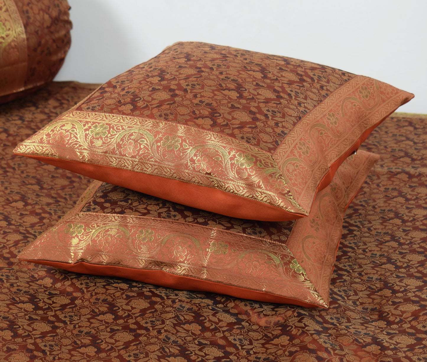 Banarasi Ethnic Diwan Set Brown Silk Woven Zari Brocade Cushion & Bolster Cover