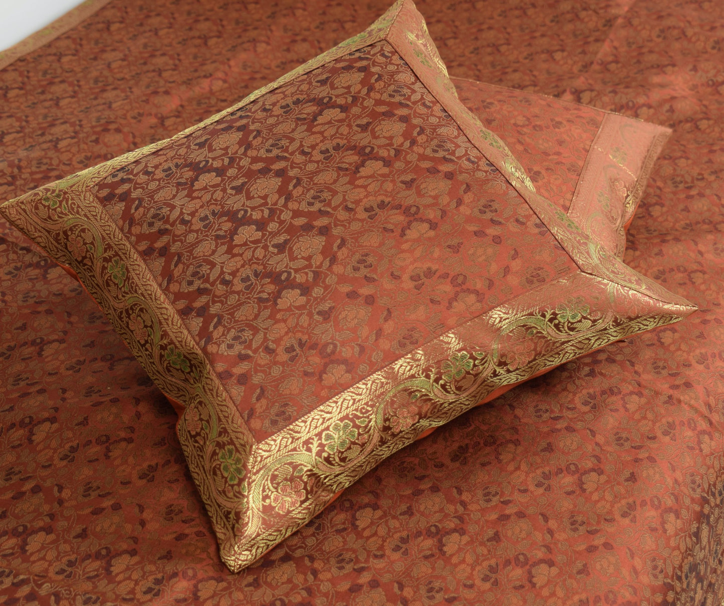 Banarasi Ethnic Diwan Set Brown Silk Woven Zari Brocade Cushion & Bolster Cover