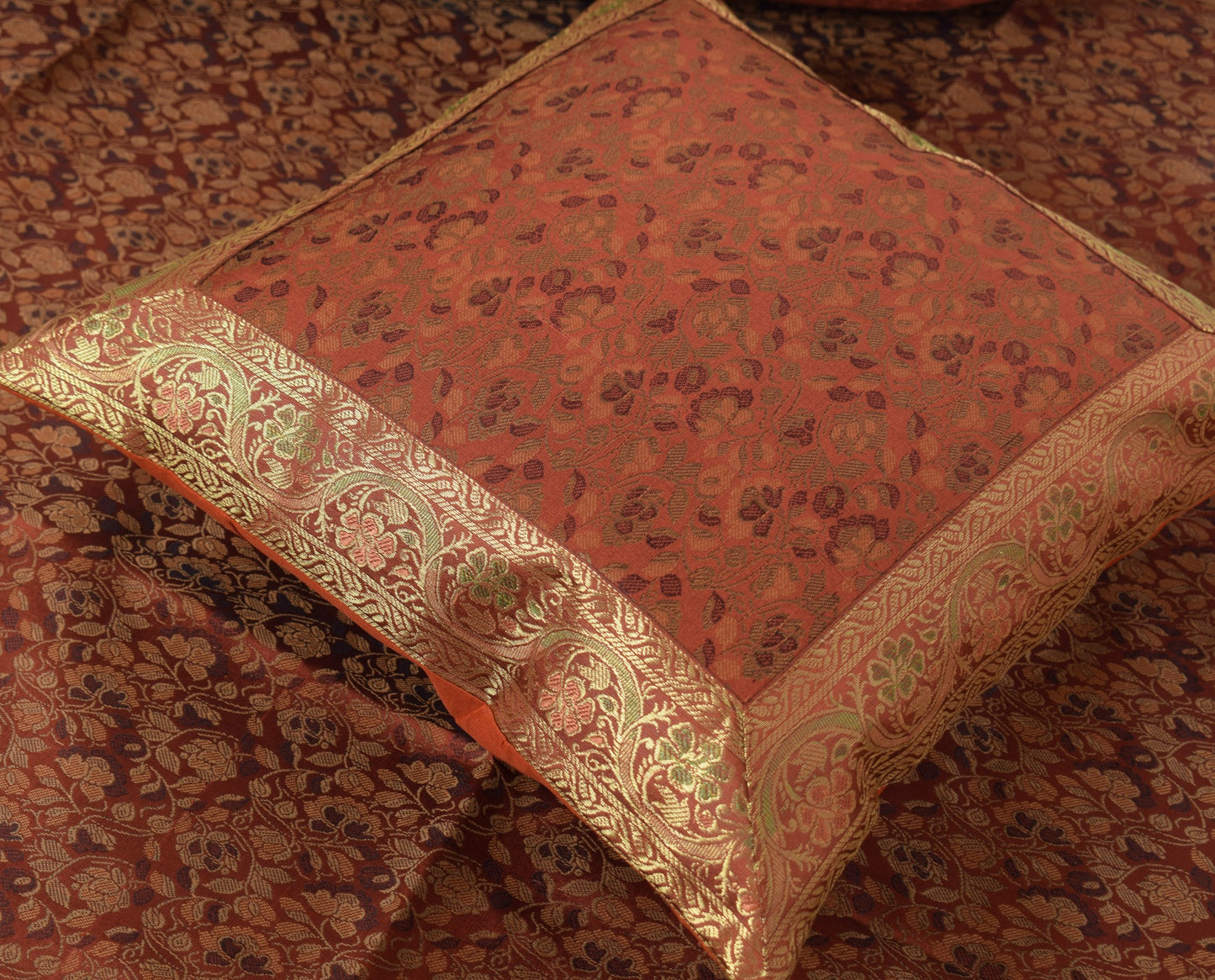 Banarasi Ethnic Diwan Set Brown Silk Woven Zari Brocade Cushion & Bolster Cover