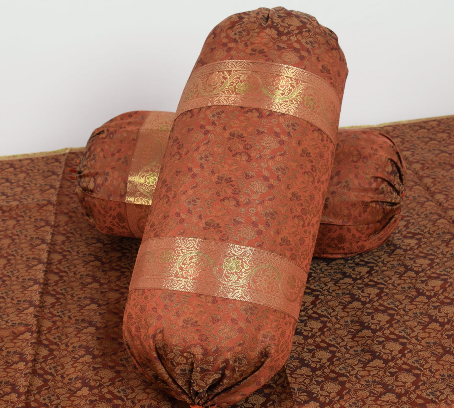 Banarasi Ethnic Diwan Set Brown Silk Woven Zari Brocade Cushion & Bolster Cover