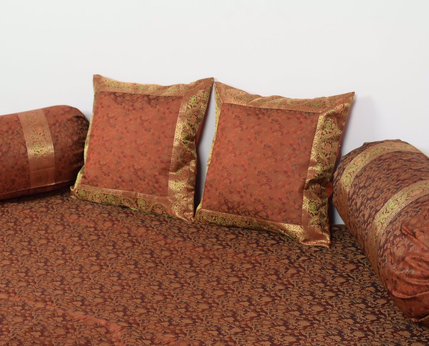 Banarasi Ethnic Diwan Set Brown Silk Woven Zari Brocade Cushion & Bolster Cover
