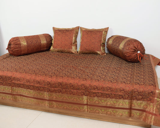 Banarasi Ethnic Diwan Set Brown Silk Woven Zari Brocade Cushion & Bolster Cover