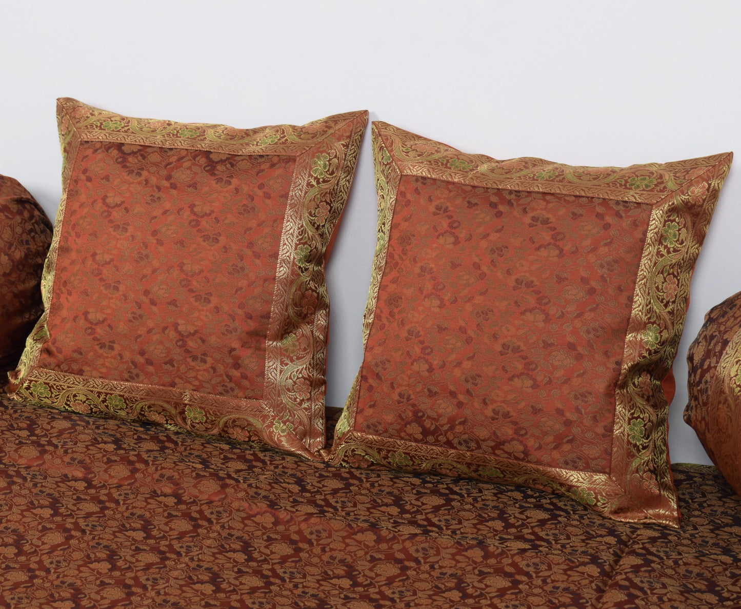 Banarasi Ethnic Diwan Set Brown Silk Woven Zari Brocade Cushion & Bolster Cover