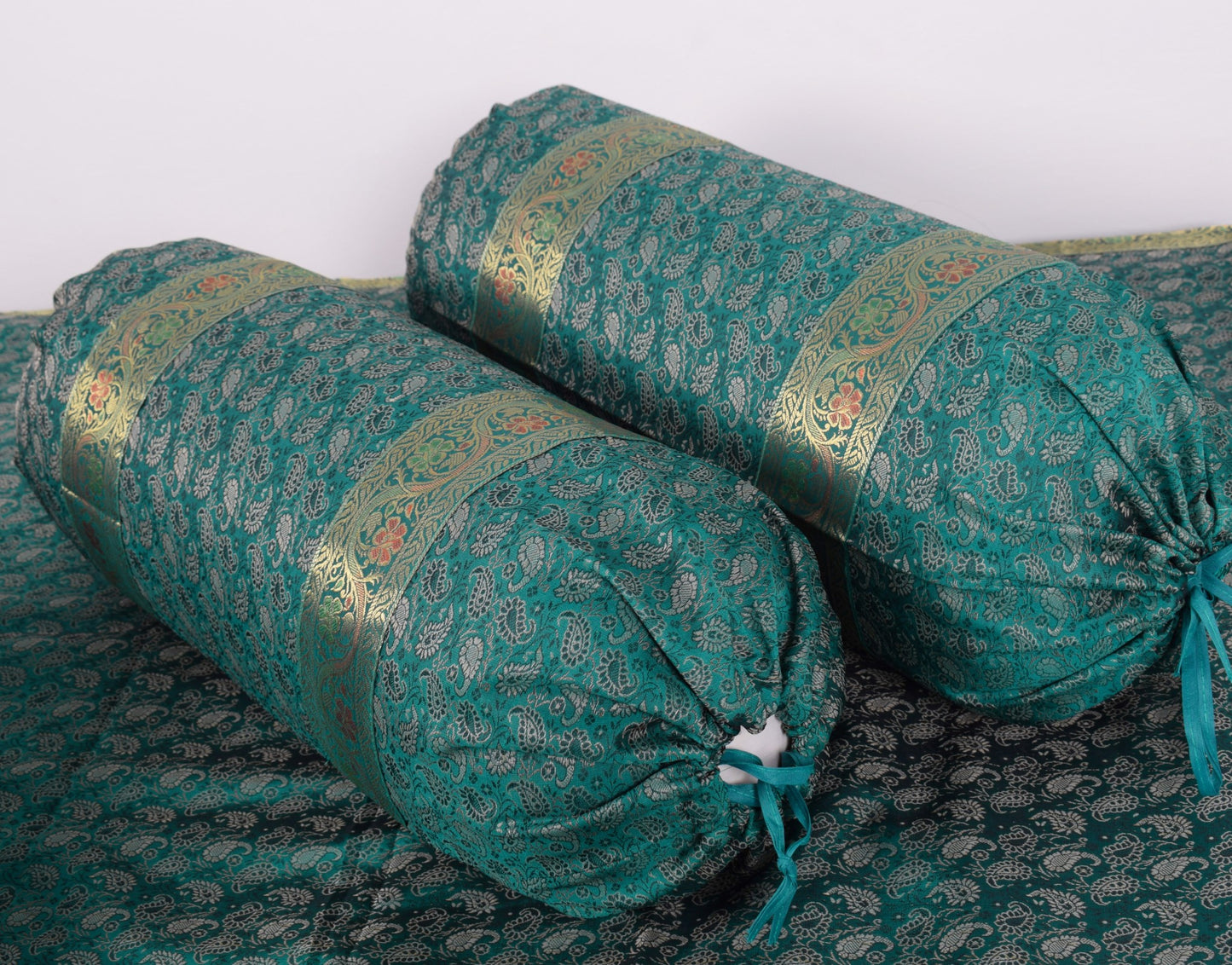 Teal Green – Banarasi Diwan Set Silk & Zari Brocade Cushion and Bolster Cover