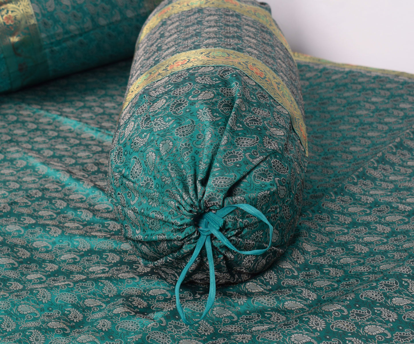 Teal Green – Banarasi Diwan Set Silk & Zari Brocade Cushion and Bolster Cover