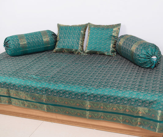 Teal Green – Banarasi Diwan Set Silk & Zari Brocade Cushion and Bolster Cover
