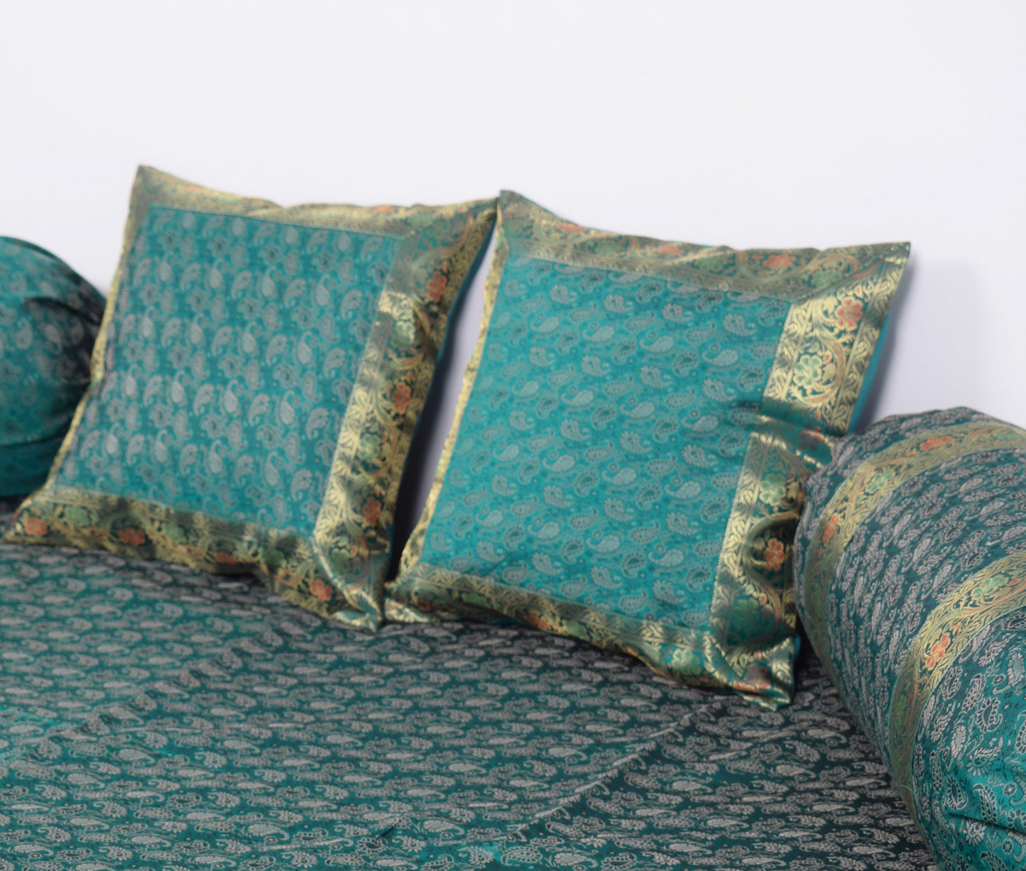 Teal Green – Banarasi Diwan Set Silk & Zari Brocade Cushion and Bolster Cover