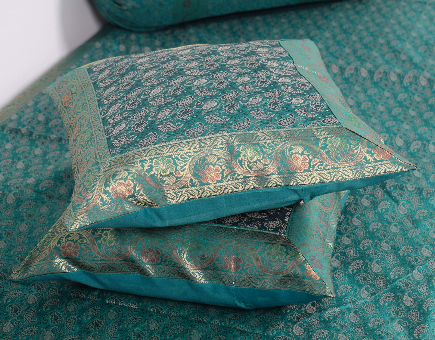 Teal Green – Banarasi Diwan Set Silk & Zari Brocade Cushion and Bolster Cover