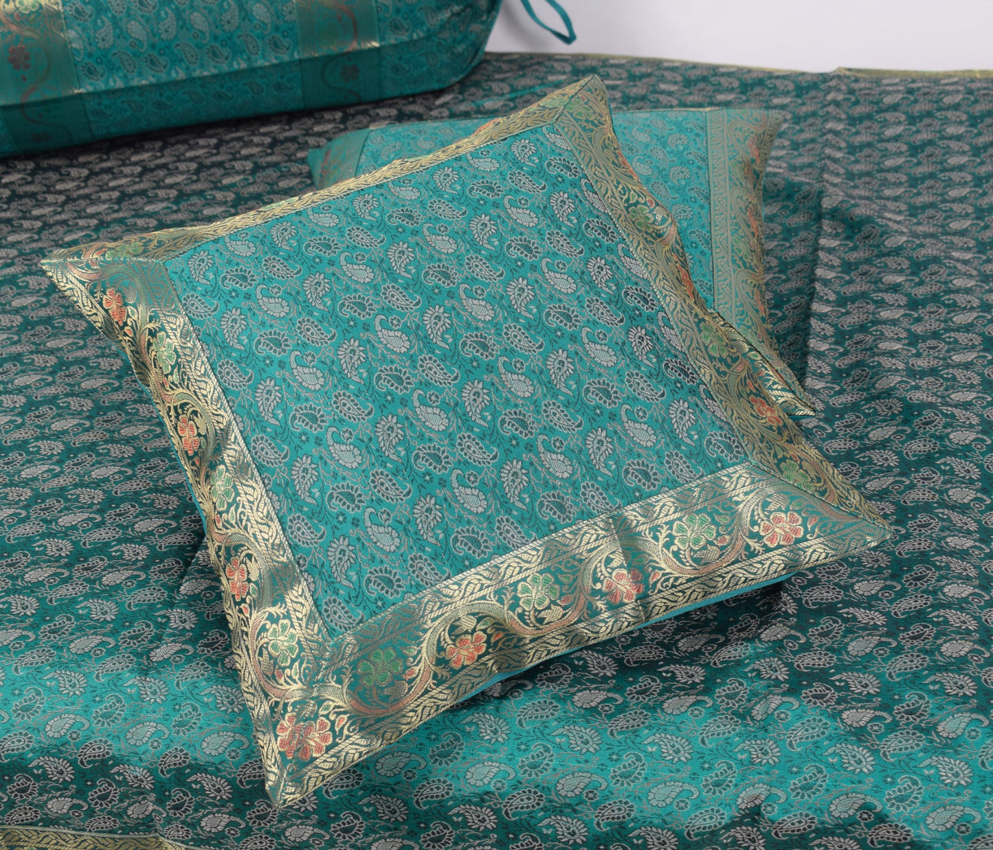 Teal Green – Banarasi Diwan Set Silk & Zari Brocade Cushion and Bolster Cover