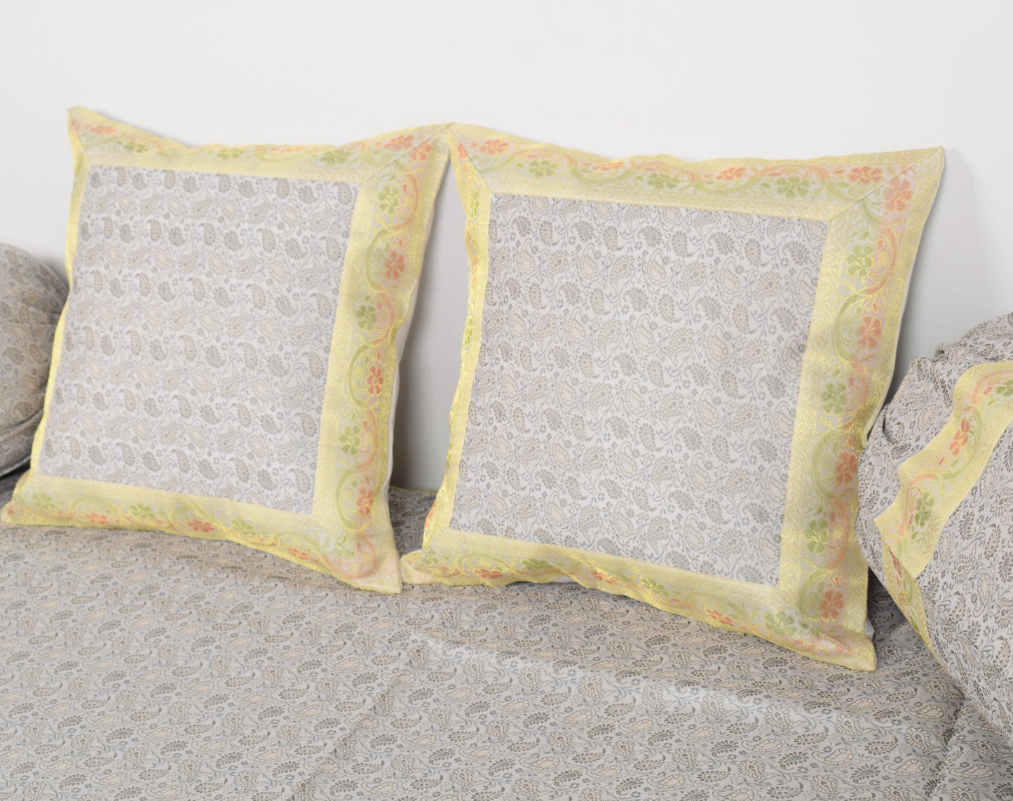 Banarasi Diwan Set– Charm in Silk Woven Zari Brocade Gray Cushion Bolster Cover