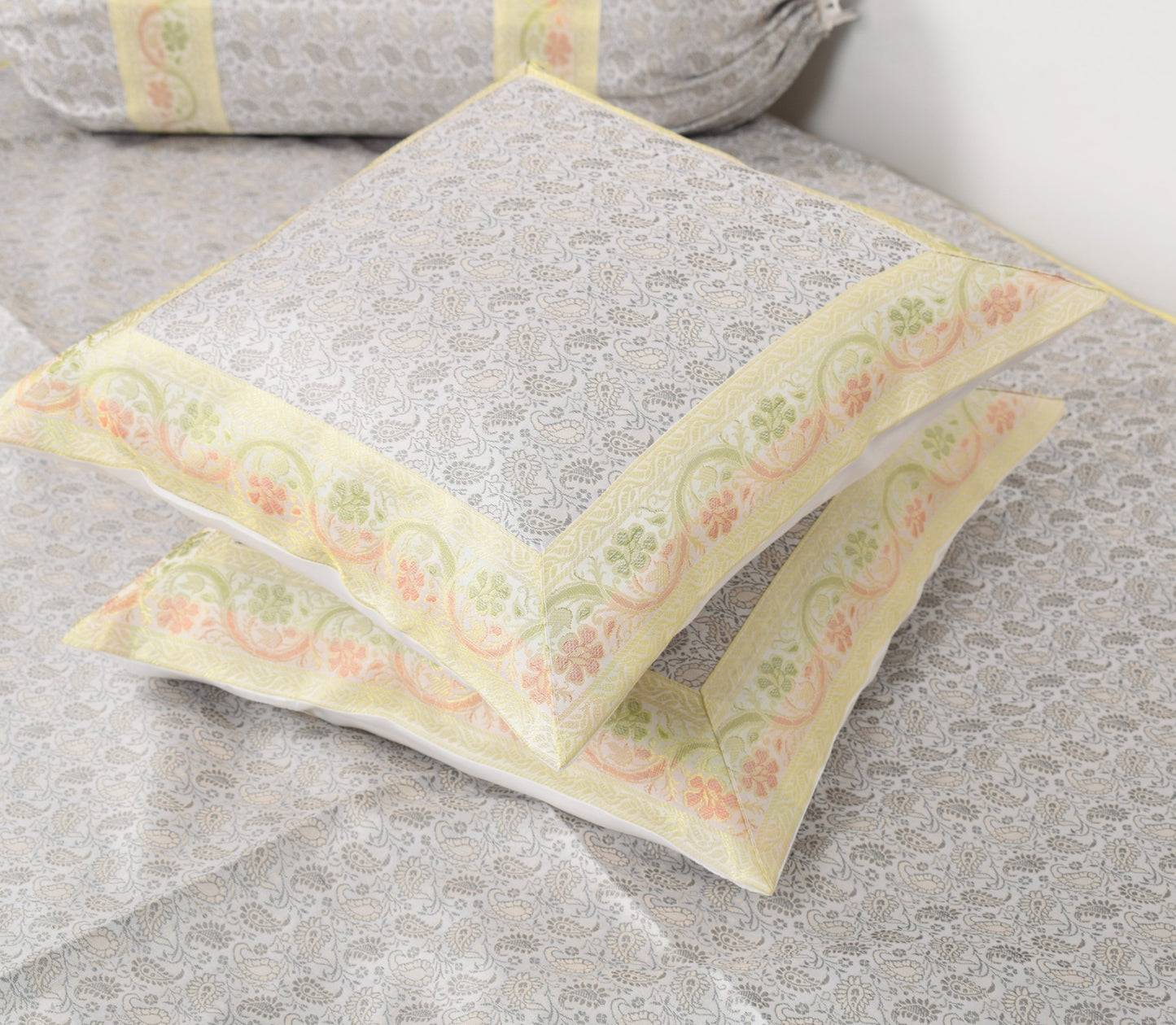 Banarasi Diwan Set– Charm in Silk Woven Zari Brocade Gray Cushion Bolster Cover