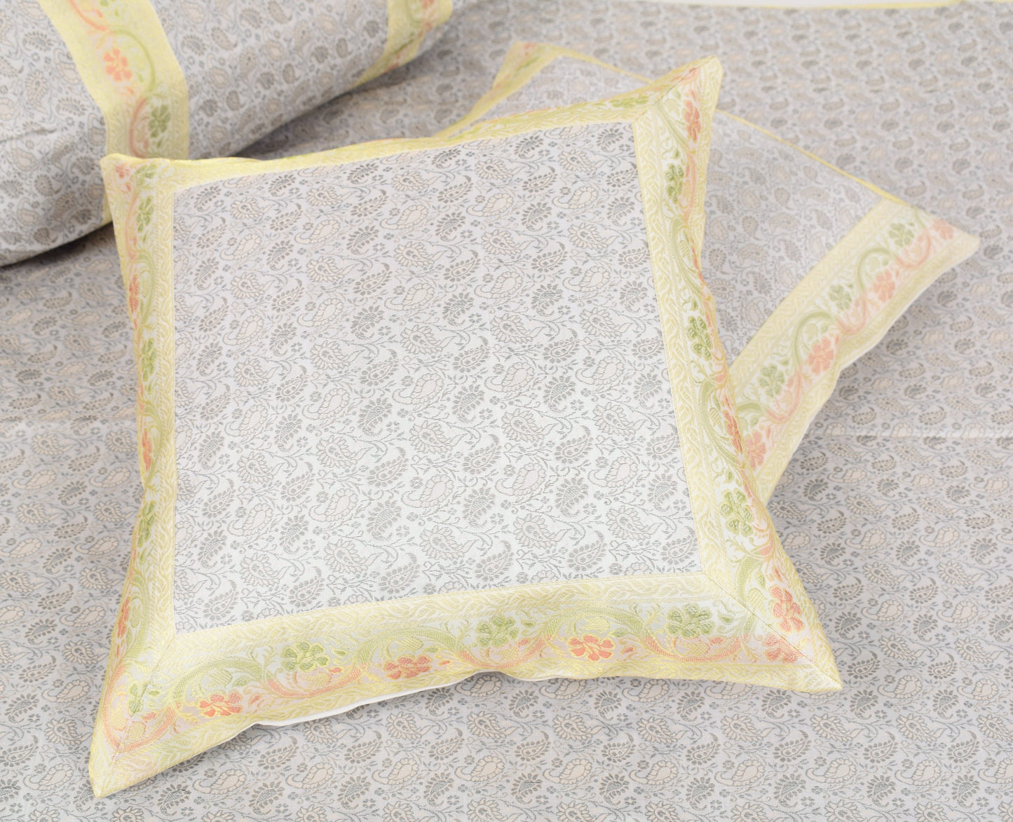 Banarasi Diwan Set– Charm in Silk Woven Zari Brocade Gray Cushion Bolster Cover