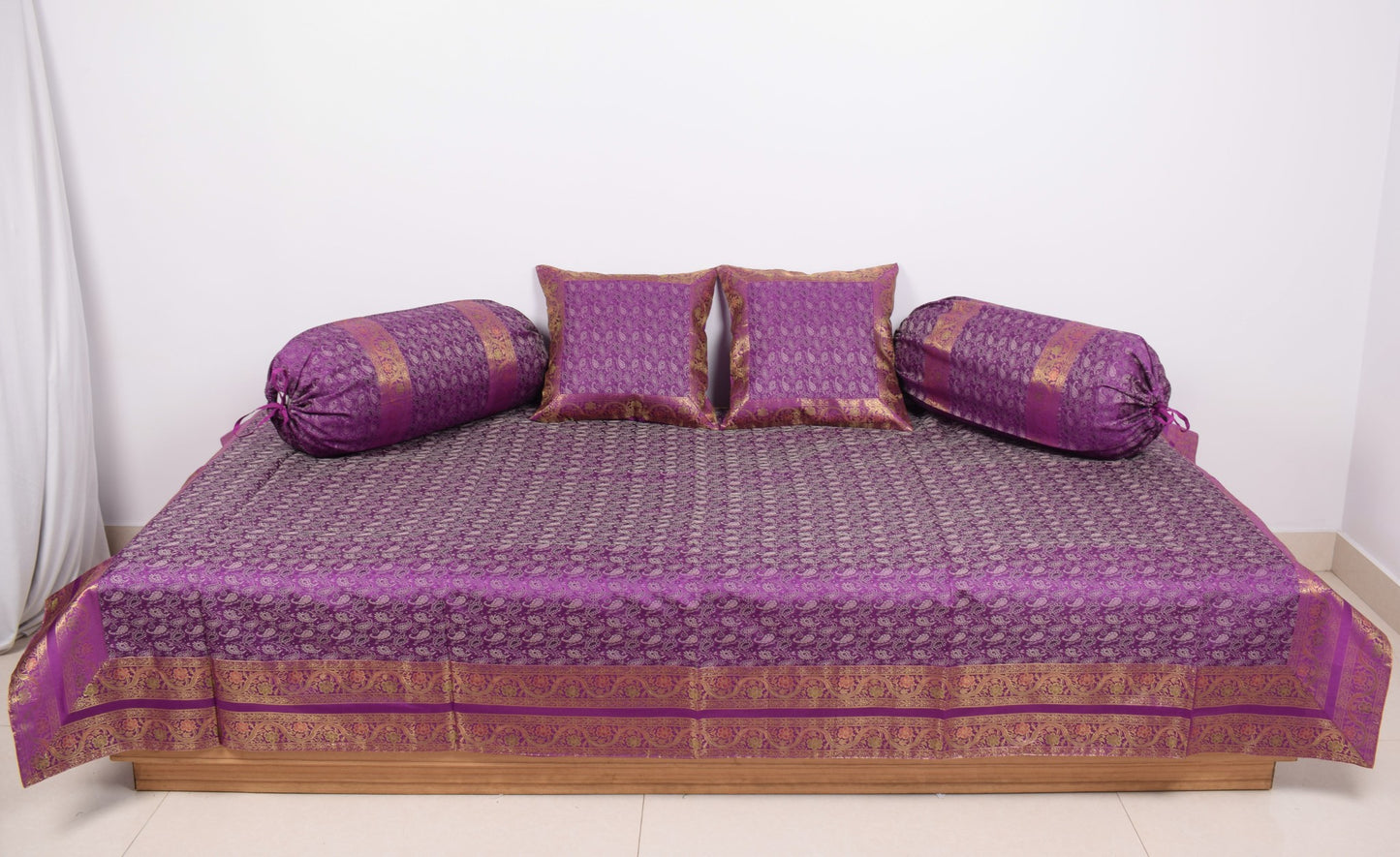 Regal Banarasi Purple Diwan Ensemble Silk & Zari Brocade Cushion & Bolster Cover