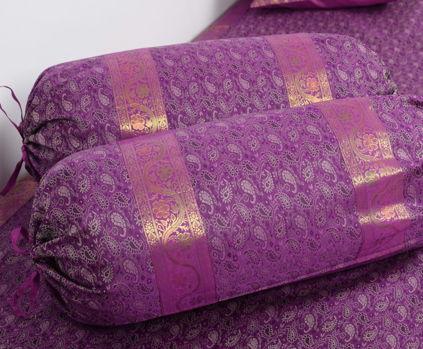 Regal Banarasi Purple Diwan Ensemble Silk & Zari Brocade Cushion & Bolster Cover