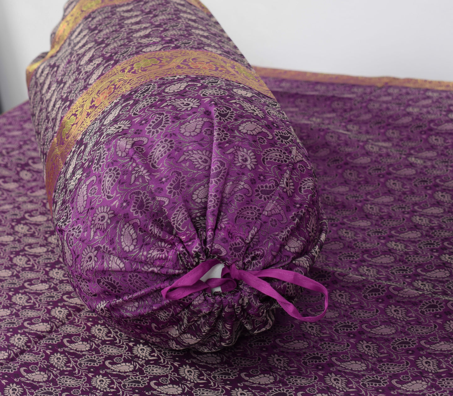 Regal Banarasi Purple Diwan Ensemble Silk & Zari Brocade Cushion & Bolster Cover