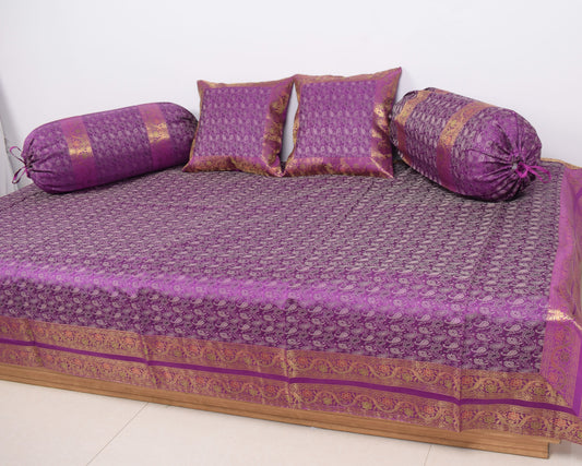 Regal Banarasi Purple Diwan Ensemble Silk & Zari Brocade Cushion & Bolster Cover