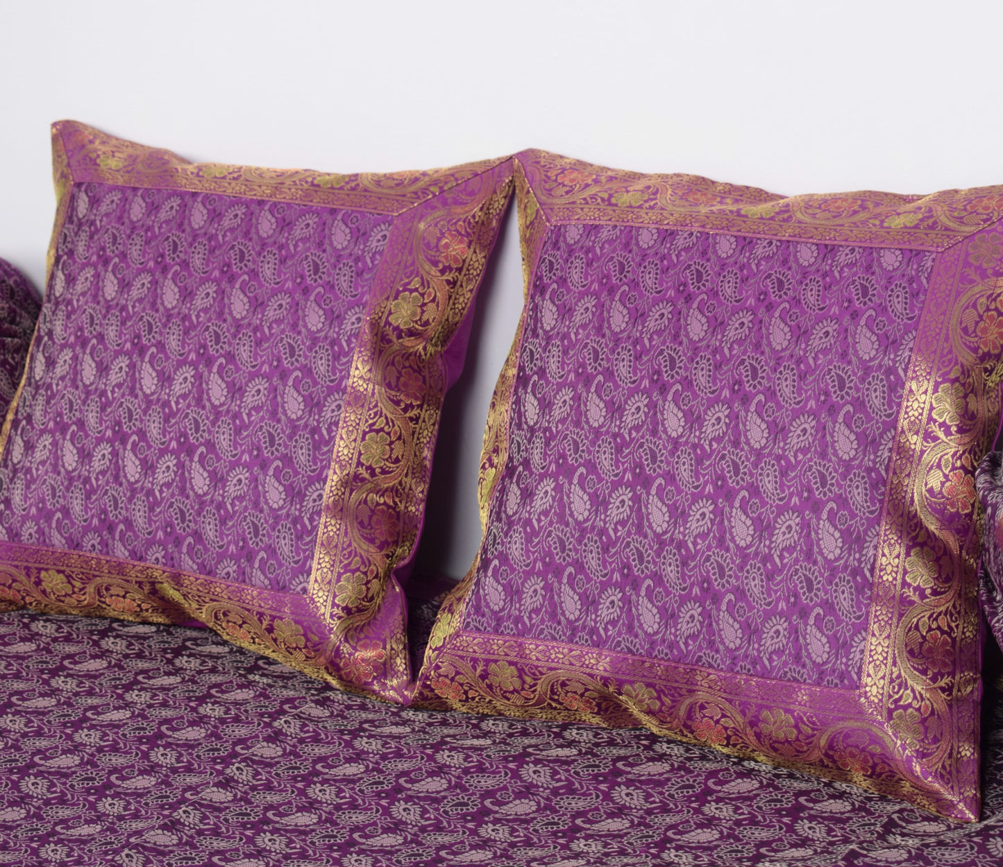 Regal Banarasi Purple Diwan Ensemble Silk & Zari Brocade Cushion & Bolster Cover