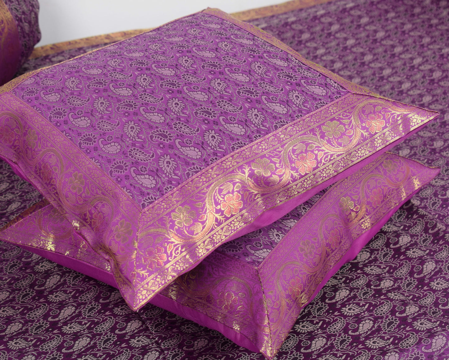 Regal Banarasi Purple Diwan Ensemble Silk & Zari Brocade Cushion & Bolster Cover