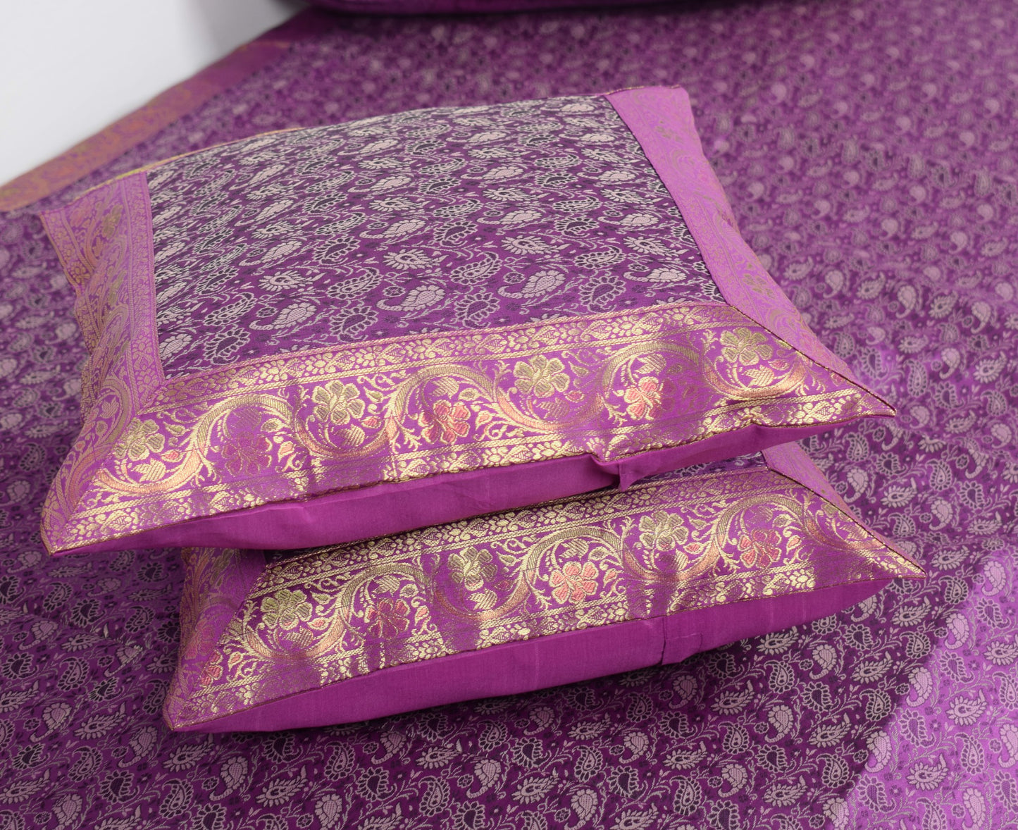 Regal Banarasi Purple Diwan Ensemble Silk & Zari Brocade Cushion & Bolster Cover