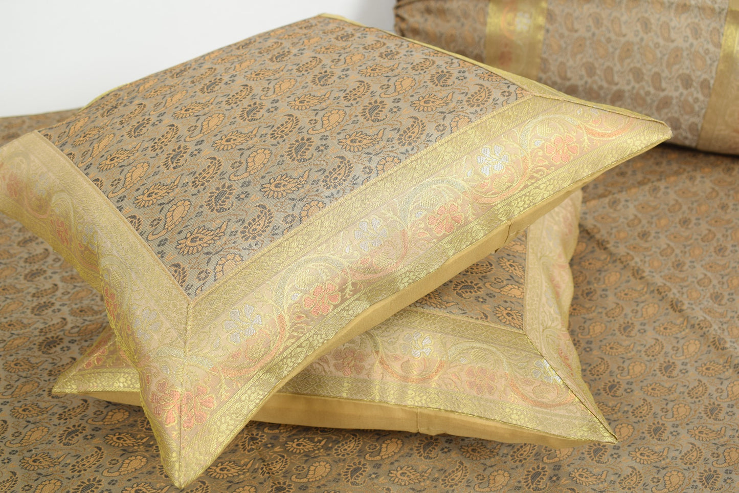 Banarasi Ethnic Diwan Set Cushion & Bolster Cover Silk & Woven Zari Brocade