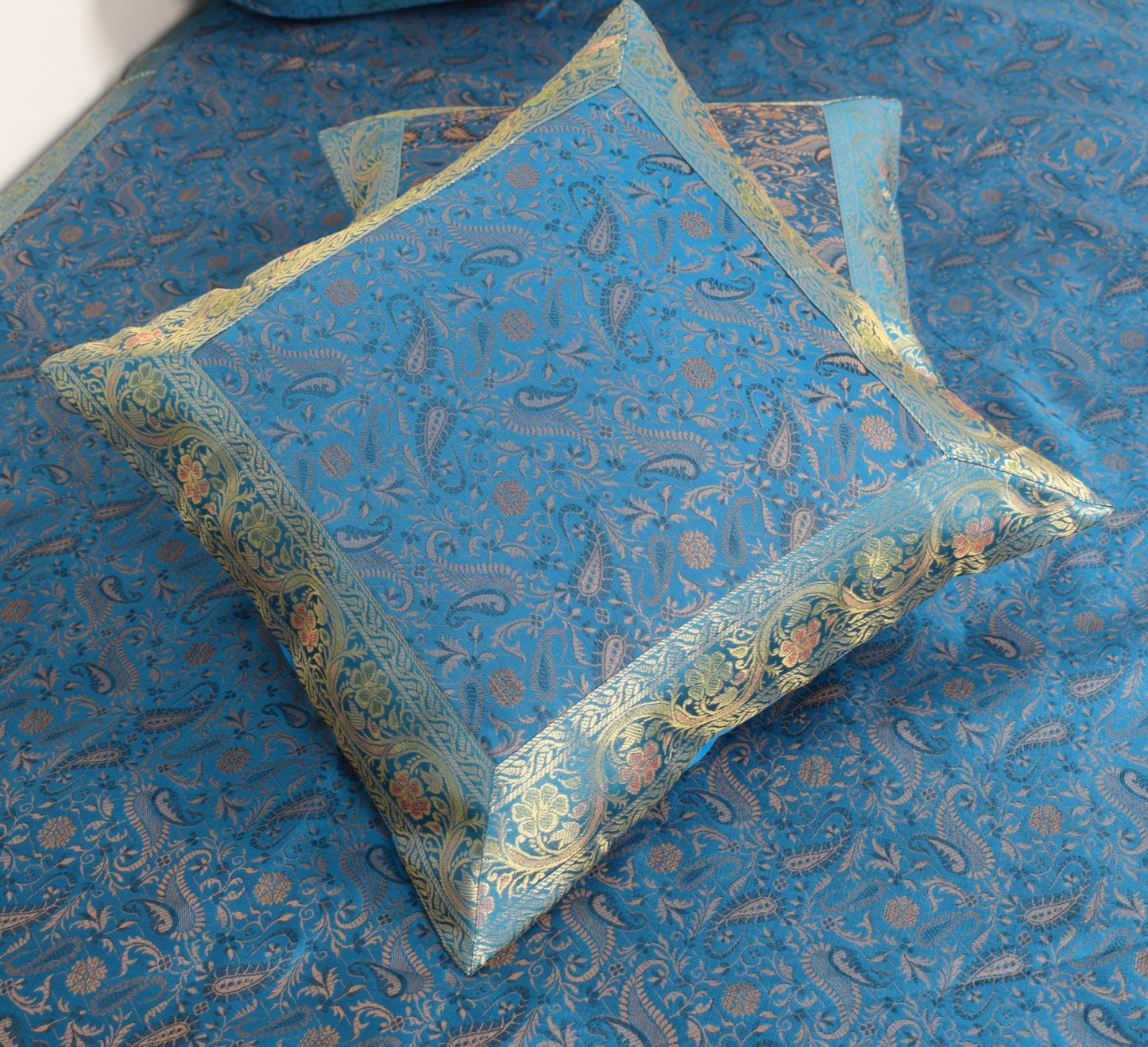 Turquoise Blue Banarasi Diwan Set Silk Zari Brocade Gift Cushion & Bolster Cover