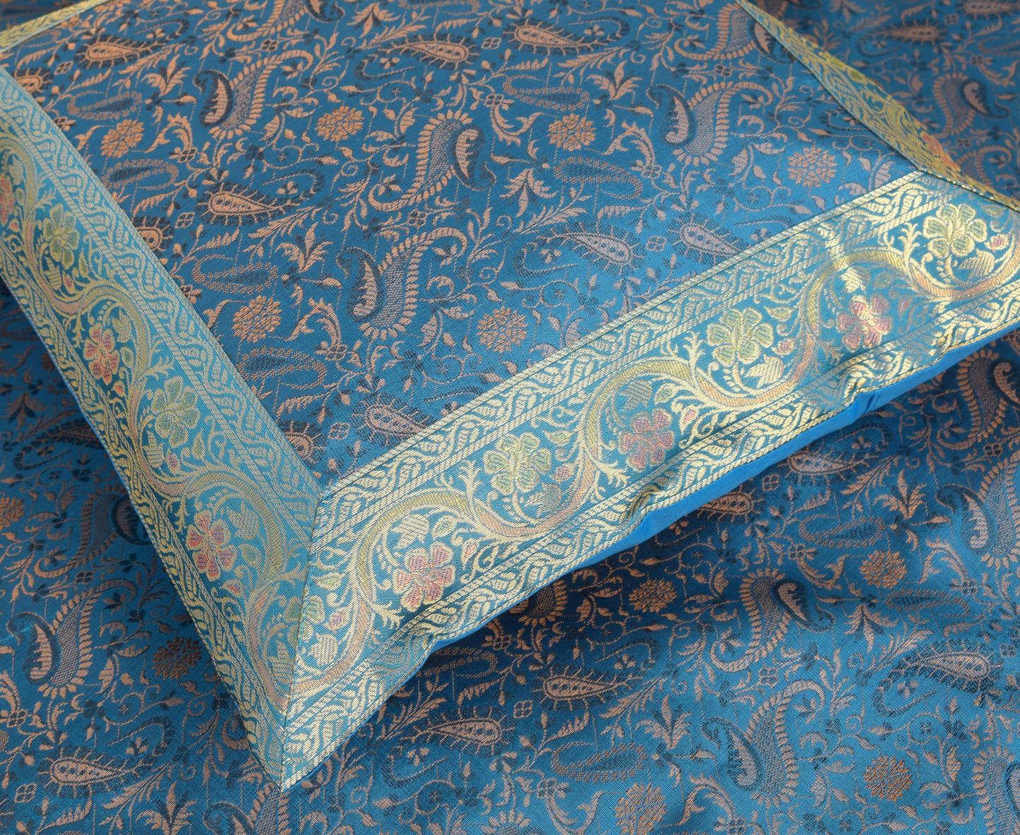 Turquoise Blue Banarasi Diwan Set Silk Zari Brocade Gift Cushion & Bolster Cover