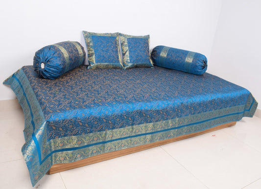 Turquoise Blue Banarasi Diwan Set Silk Zari Brocade Gift Cushion & Bolster Cover