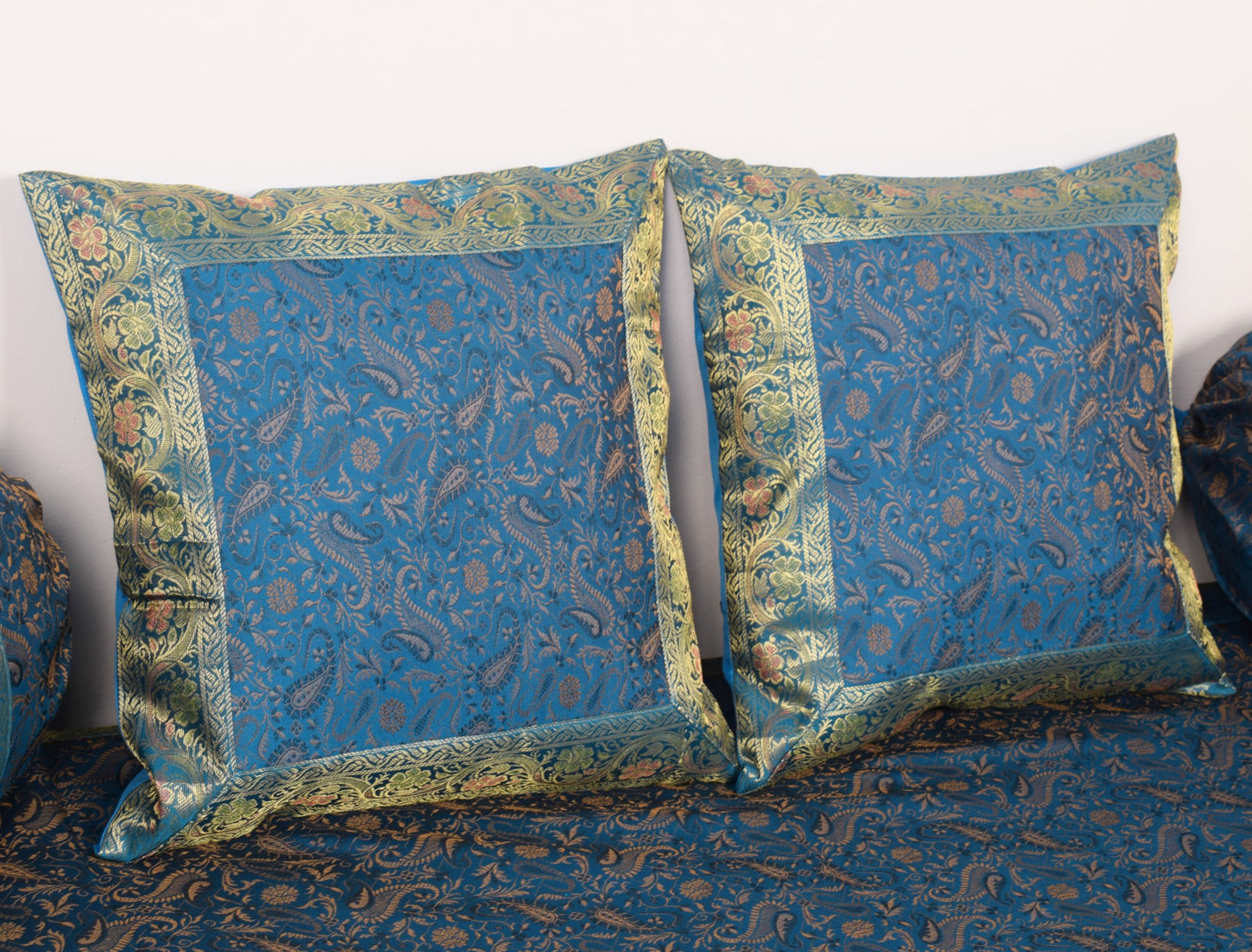Turquoise Blue Banarasi Diwan Set Silk Zari Brocade Gift Cushion & Bolster Cover