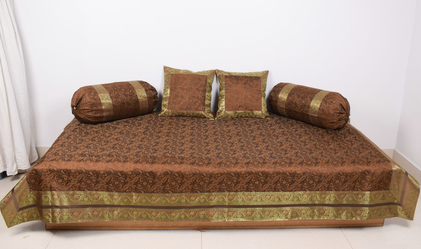 Dark Brown Banarasi Diwan Set Silk Zari Brocade Gift Cushion & Bolster Cover