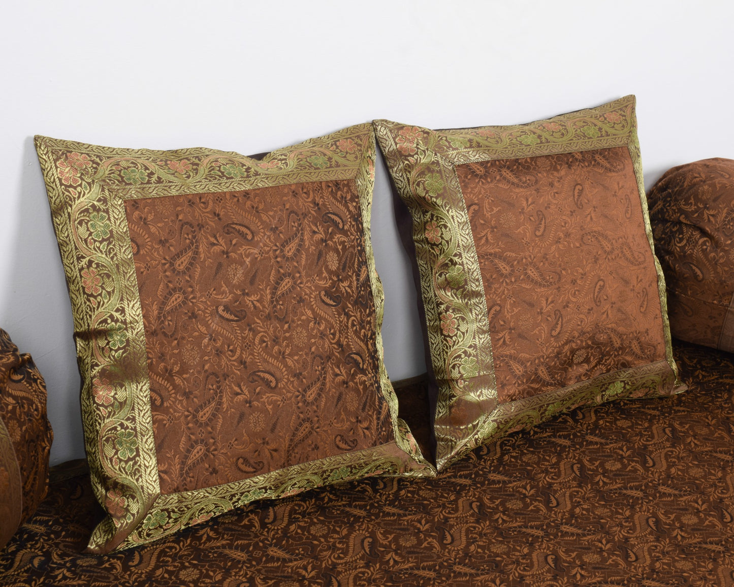 Dark Brown Banarasi Diwan Set Silk Zari Brocade Gift Cushion & Bolster Cover