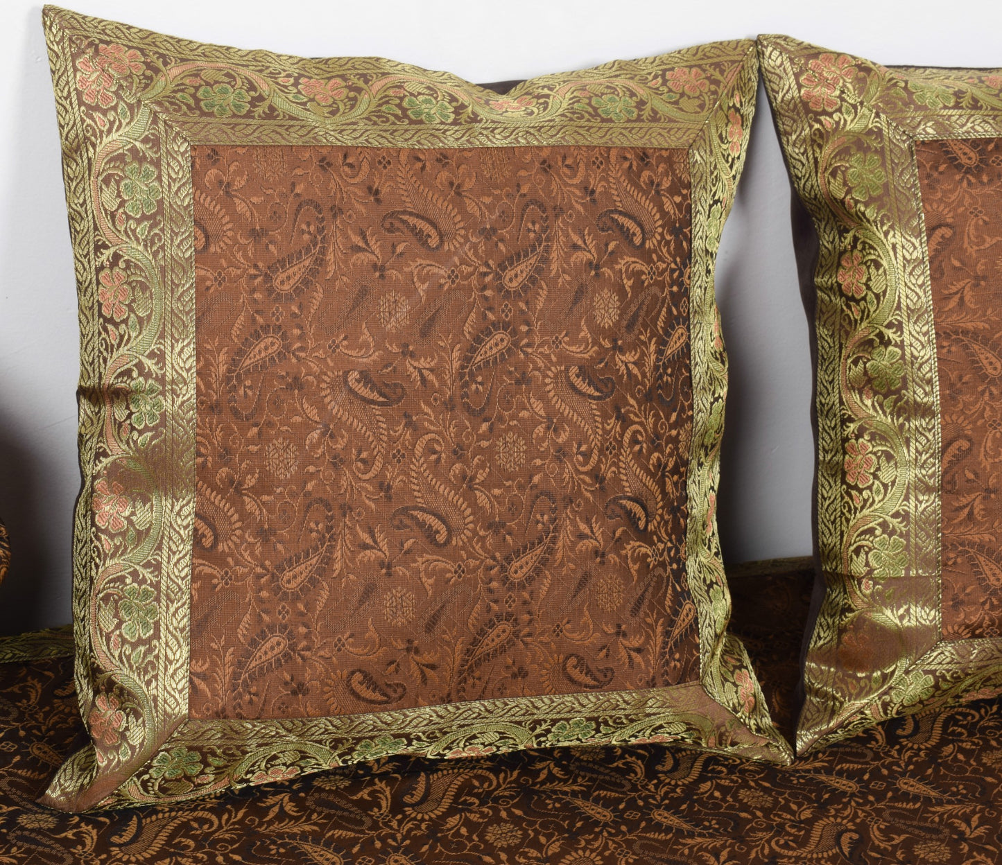Dark Brown Banarasi Diwan Set Silk Zari Brocade Gift Cushion & Bolster Cover