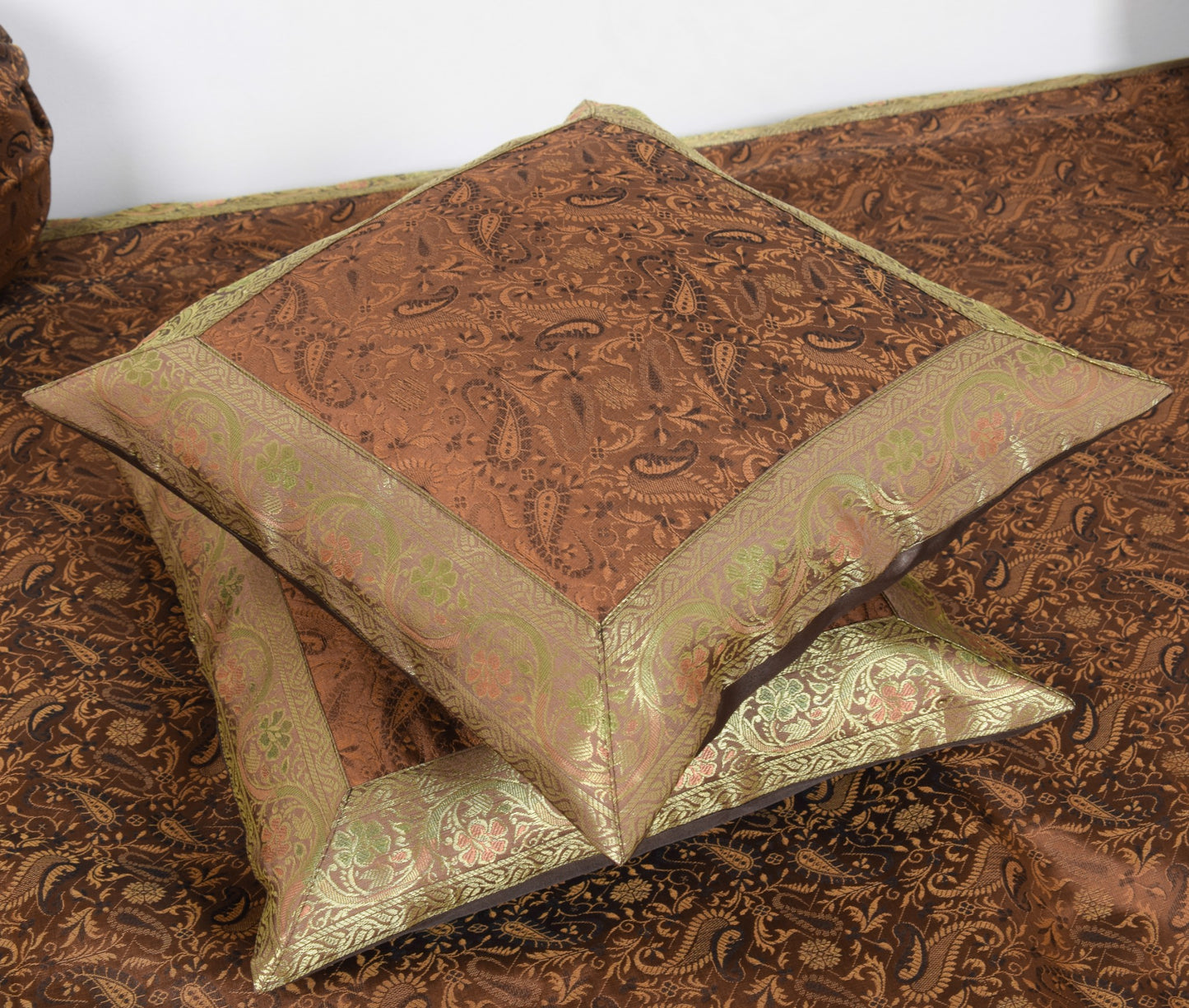 Dark Brown Banarasi Diwan Set Silk Zari Brocade Gift Cushion & Bolster Cover