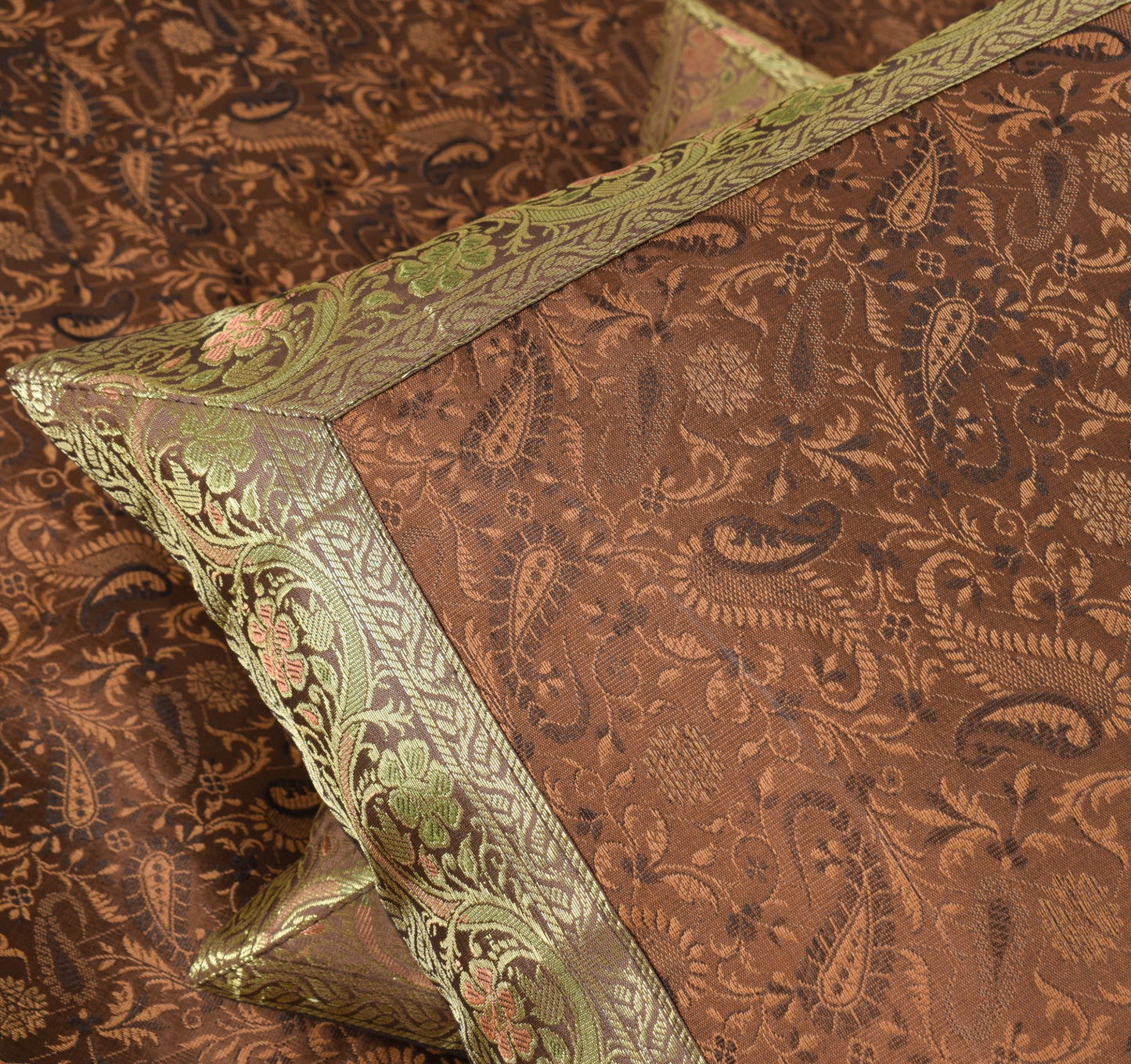 Dark Brown Banarasi Diwan Set Silk Zari Brocade Gift Cushion & Bolster Cover