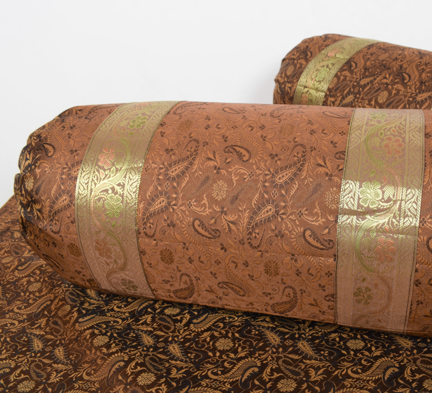 Dark Brown Banarasi Diwan Set Silk Zari Brocade Gift Cushion & Bolster Cover