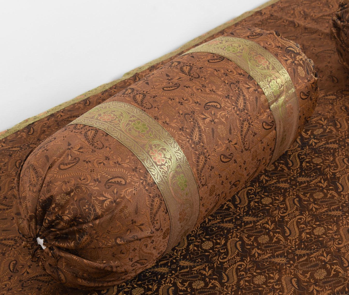 Dark Brown Banarasi Diwan Set Silk Zari Brocade Gift Cushion & Bolster Cover