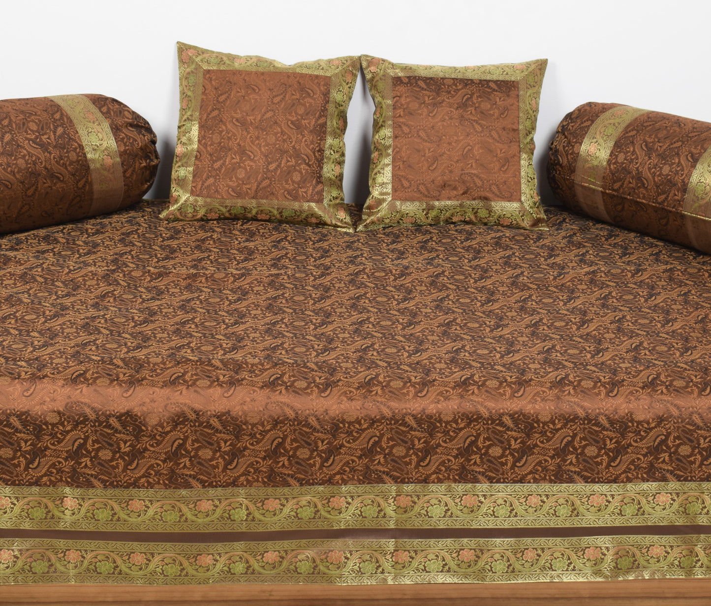 Dark Brown Banarasi Diwan Set Silk Zari Brocade Gift Cushion & Bolster Cover
