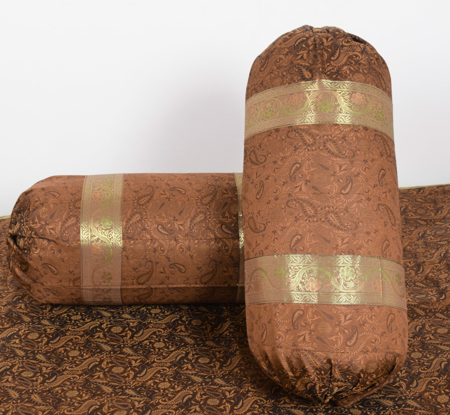 Dark Brown Banarasi Diwan Set Silk Zari Brocade Gift Cushion & Bolster Cover