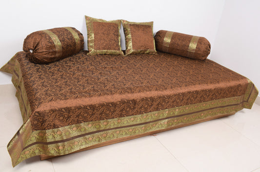 Dark Brown Banarasi Diwan Set Silk Zari Brocade Gift Cushion & Bolster Cover