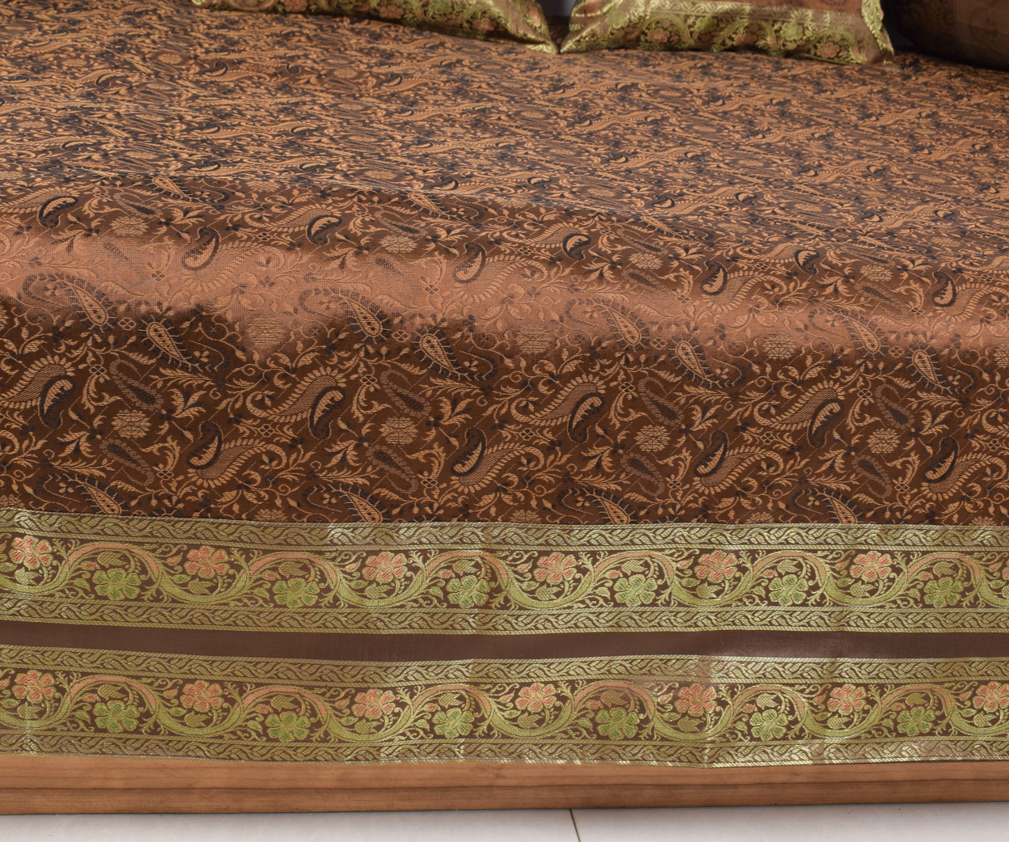 Dark Brown Banarasi Diwan Set Silk Zari Brocade Gift Cushion & Bolster Cover