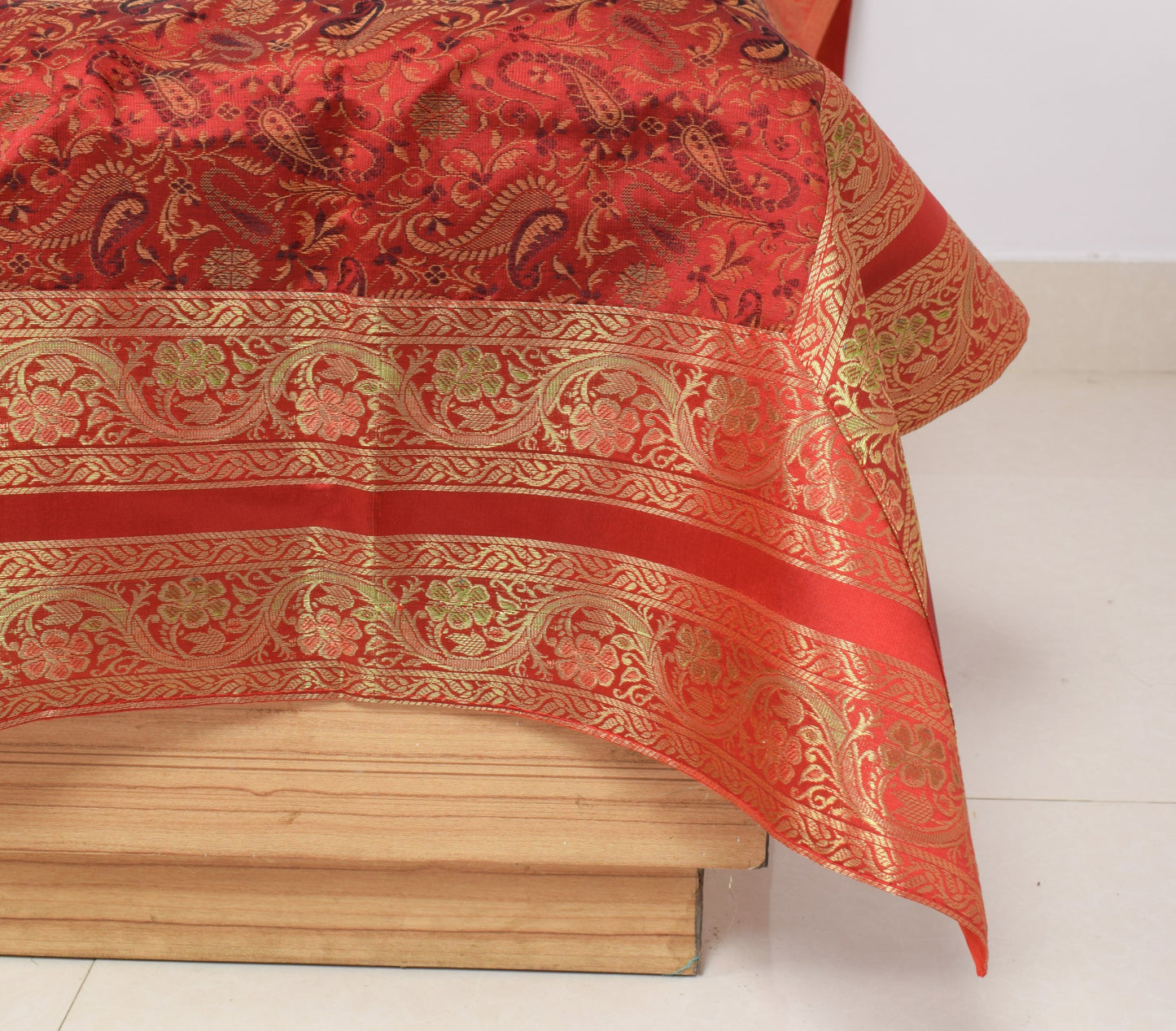 Red Banarasi Diwan Set– Silk Zari Brocade Indian Gift Cushions & Bolster Cover