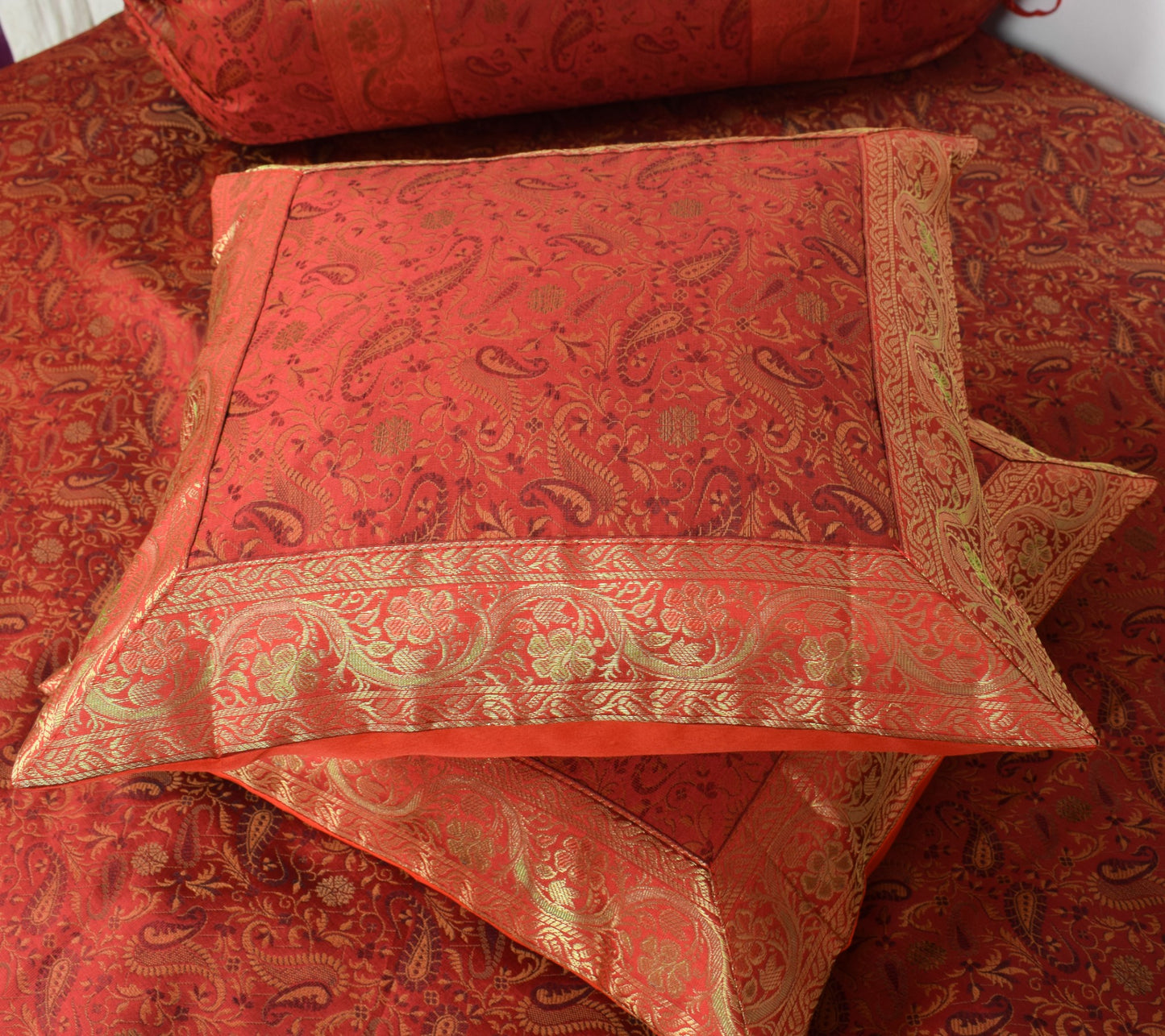 Red Banarasi Diwan Set– Silk Zari Brocade Indian Gift Cushions & Bolster Cover