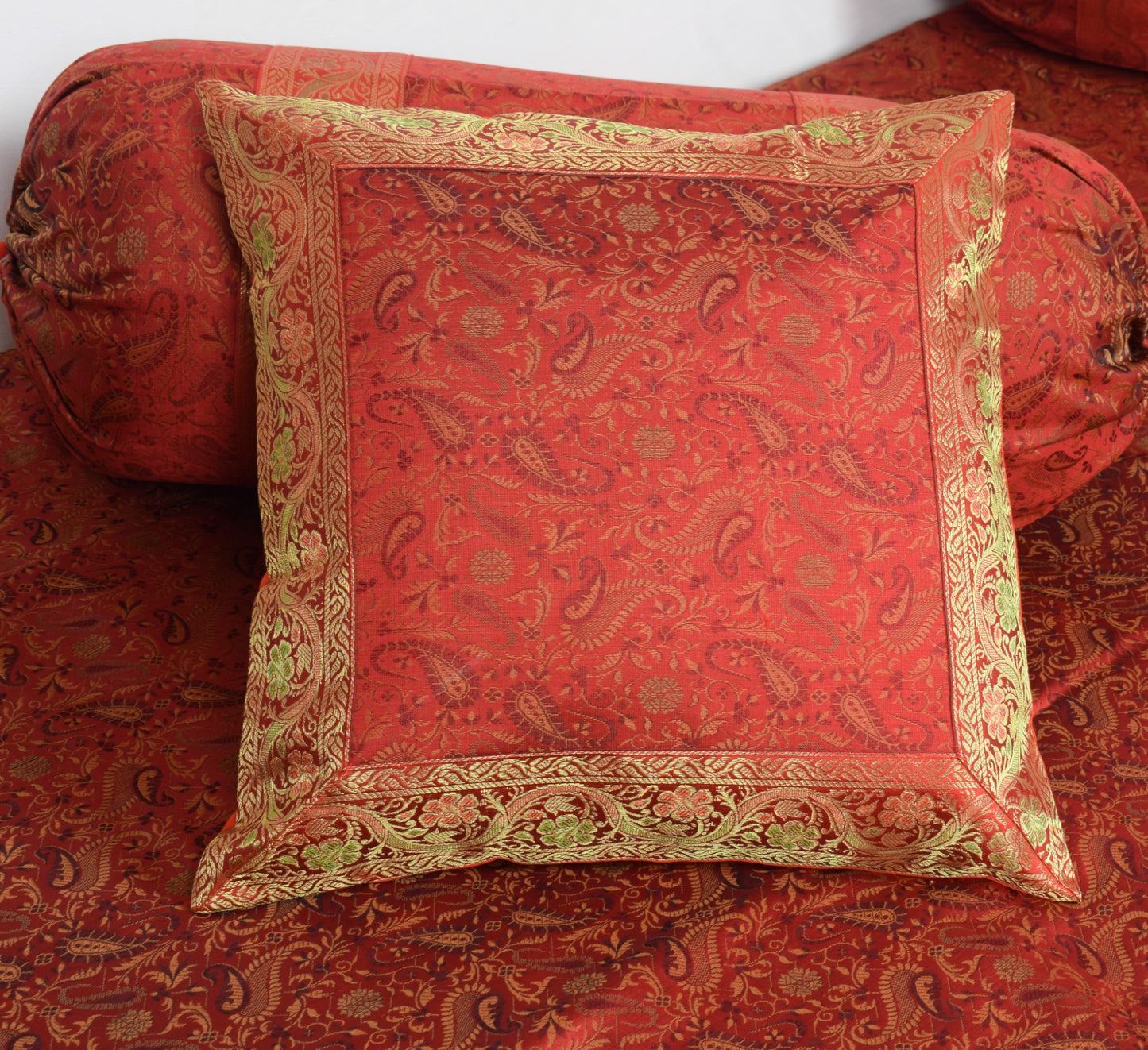 Red Banarasi Diwan Set– Silk Zari Brocade Indian Gift Cushions & Bolster Cover