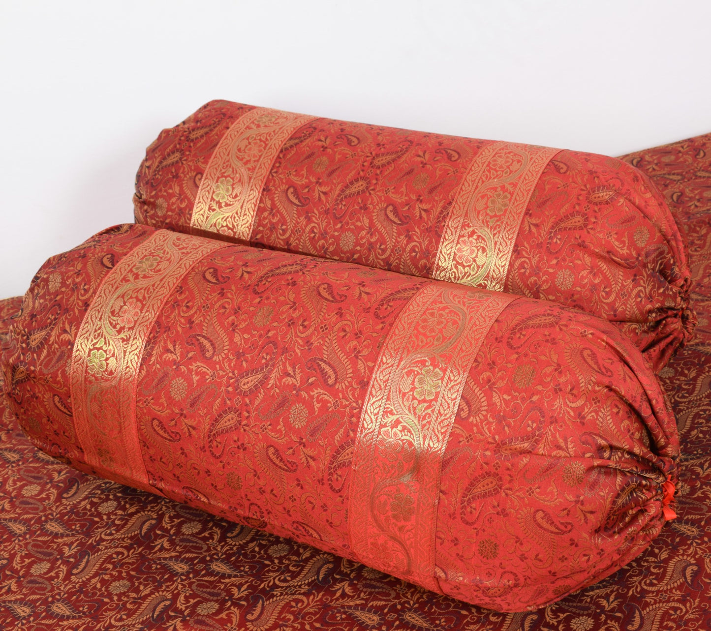 Red Banarasi Diwan Set– Silk Zari Brocade Indian Gift Cushions & Bolster Cover