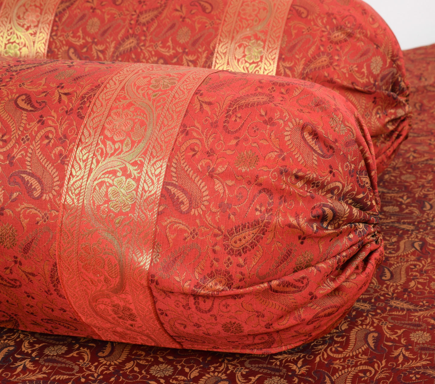 Red Banarasi Diwan Set– Silk Zari Brocade Indian Gift Cushions & Bolster Cover
