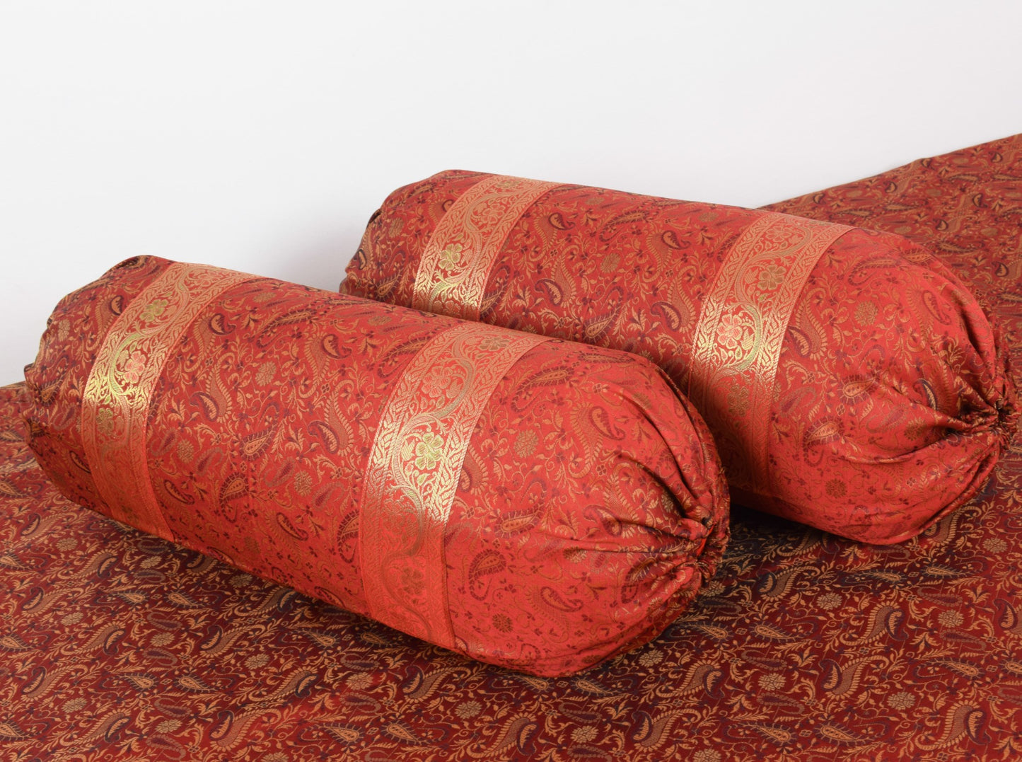 Red Banarasi Diwan Set– Silk Zari Brocade Indian Gift Cushions & Bolster Cover