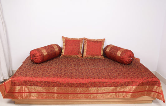 Red Banarasi Diwan Set– Silk Zari Brocade Indian Gift Cushions & Bolster Cover