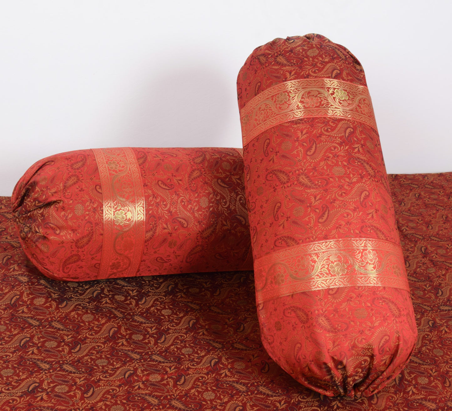 Red Banarasi Diwan Set– Silk Zari Brocade Indian Gift Cushions & Bolster Cover
