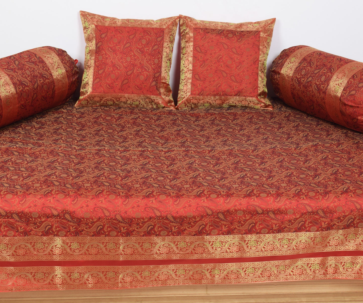 Red Banarasi Diwan Set– Silk Zari Brocade Indian Gift Cushions & Bolster Cover
